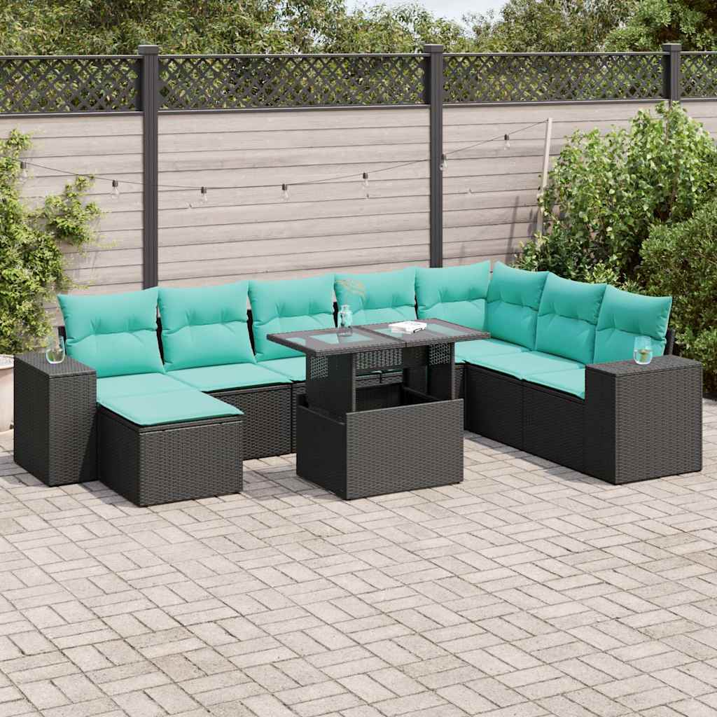 Set Divani da Giardino 9 pz con Cuscini Nero Polyrattan Acacia 3326848