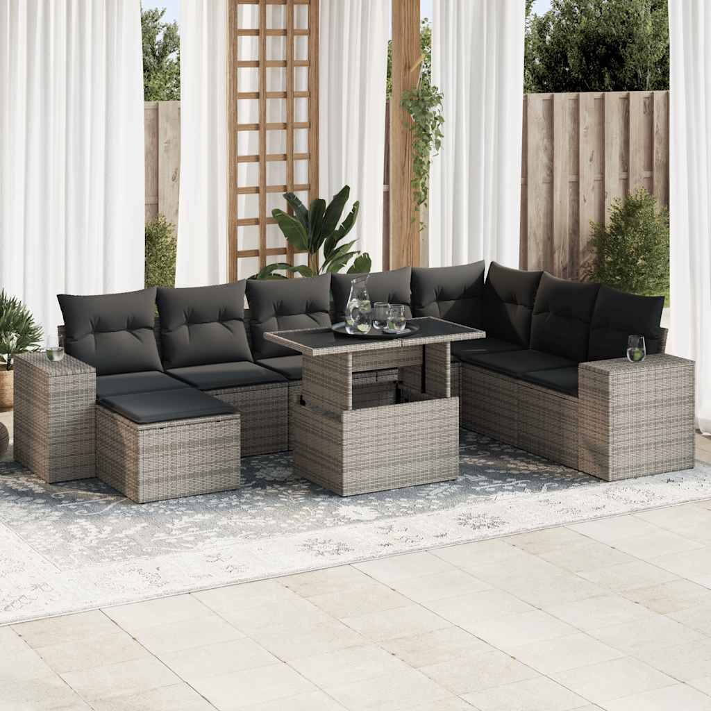 vidaXL Set Divano da Giardino 9 pz con Cuscini Grigio in Polyrattan