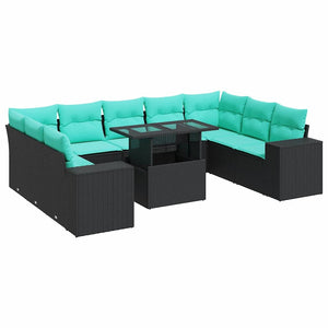Set Divani Giardino 10pz con Cuscini Nero in Polyrattan Acacia 3326858