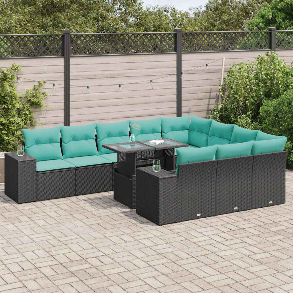 Set Divani da Giardino 11 pz con Cuscini Polyrattan Acacia Nero 3326868