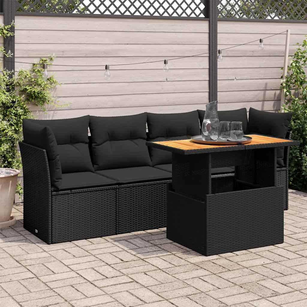 Set Divani da Giardino 5 pz con Cuscini in Polyrattan Nero
