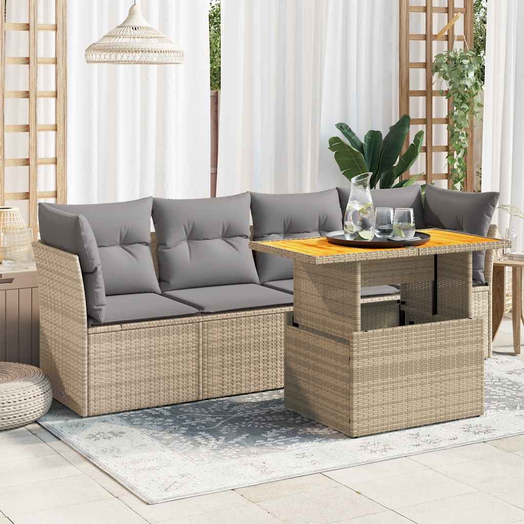 Set Divano da Giardino 5 pz con Cuscini Beige in Polyrattan