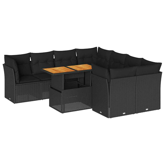 Set Divani da Giardino 9 pz con Cuscini Nero in Polyrattan