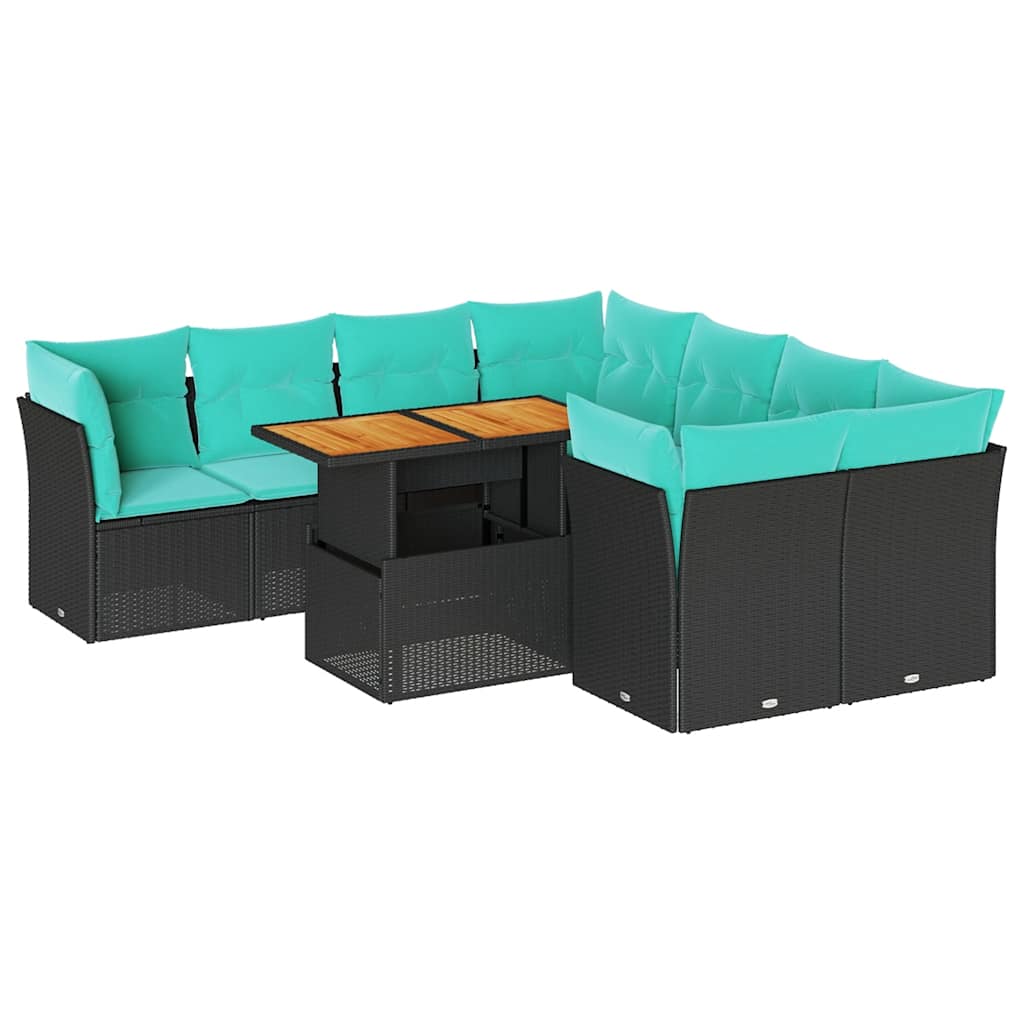 Set Divani da Giardino 9 pz con Cuscini Nero in Polyrattan 3326906
