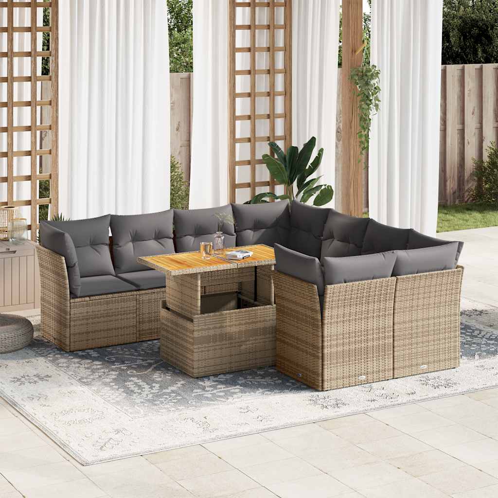 vidaXL Set Divano da Giardino 9 pz con Cuscini Beige in Polyrattan