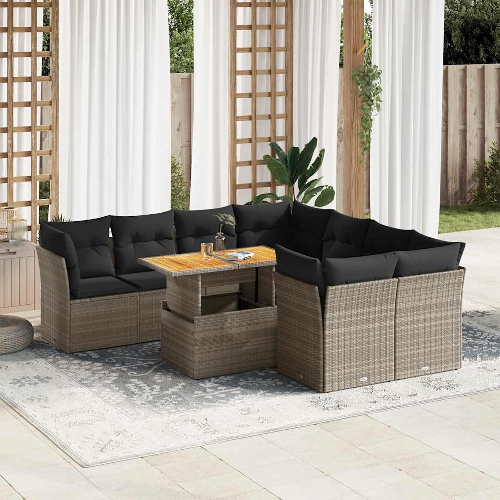 vidaXL Set Divano da Giardino 9 pz con Cuscini Grigio in Polyrattan