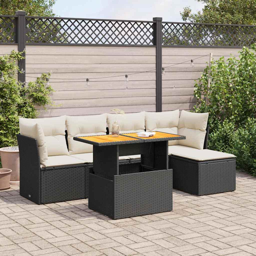 Set Divano da Giardino 6 pz con Cuscini Nero in Polyrattan