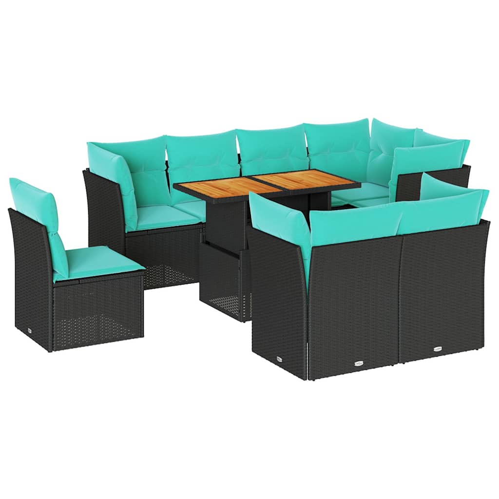 Set Divani da Giardino 9 pz con Cuscini Nero in Polyrattan 3326941