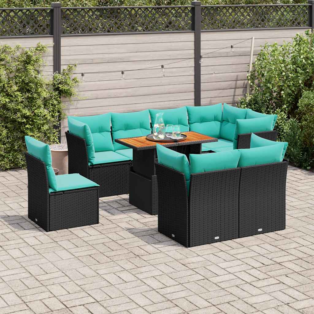 Set Divani da Giardino 9 pz con Cuscini Nero in Polyrattan 3326941