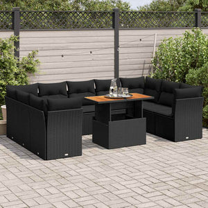 Set Divani da Giardino 10pz con Cuscini in Polyrattan Nero
