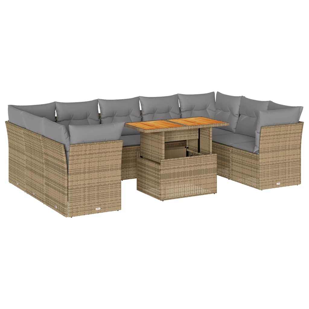 Set Divano da Giardino 10 pz con Cuscini Beige in Polyrattan