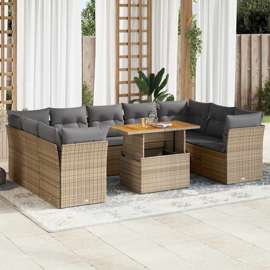 Set Divano da Giardino 10 pz con Cuscini Beige in Polyrattan