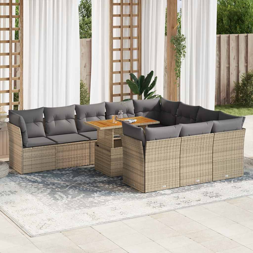 Set Divani da Giardino 11 pz con Cuscini Beige in Polyrattan