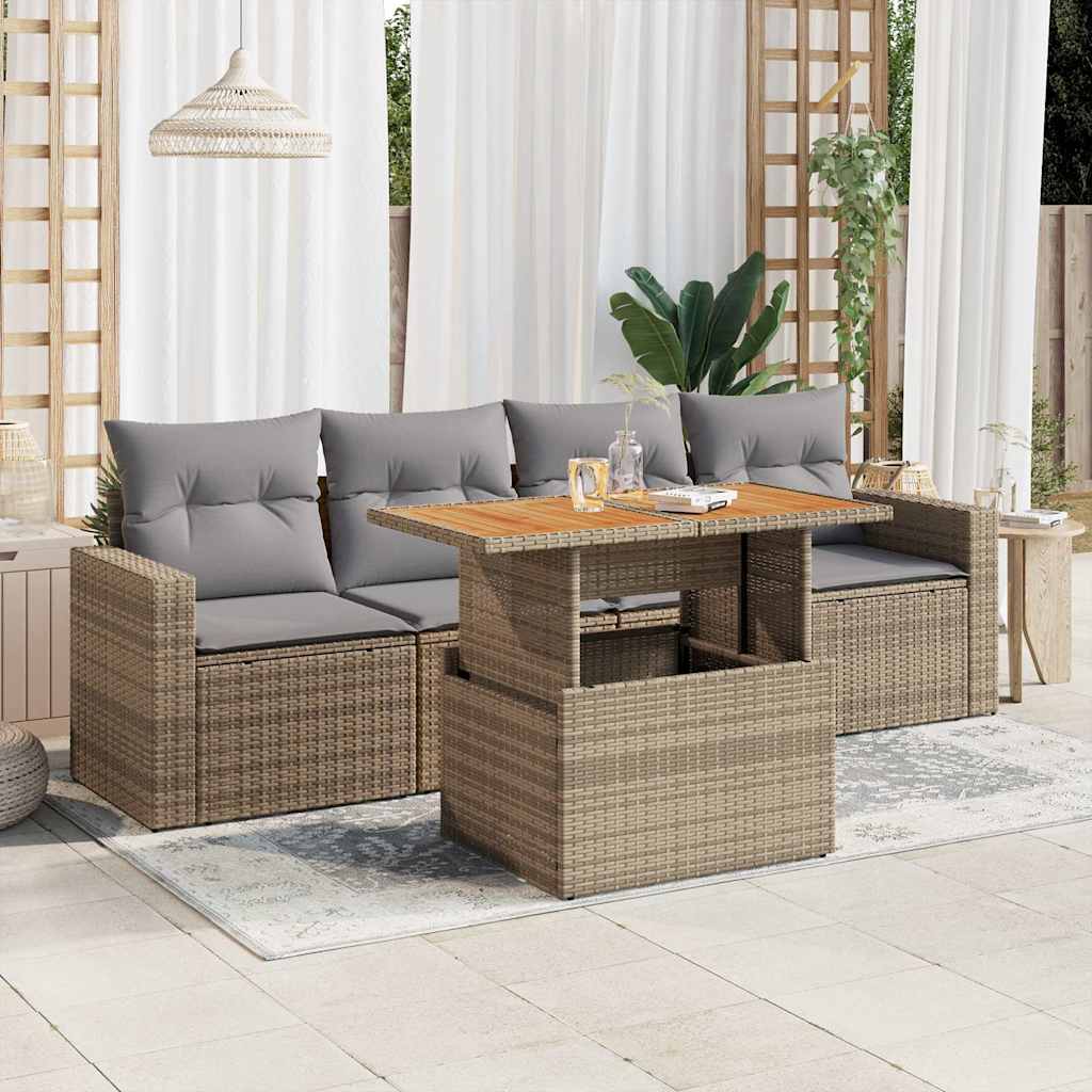 Set Divano da Giardino 5 pz con Cuscini Beige in Polyrattan