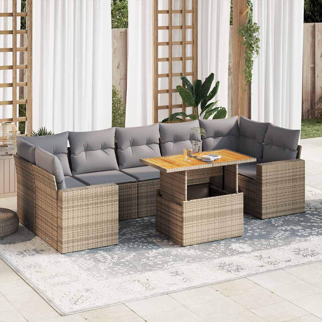 Set Divano da Giardino 8 pz con Cuscini Beige in Polyrattan