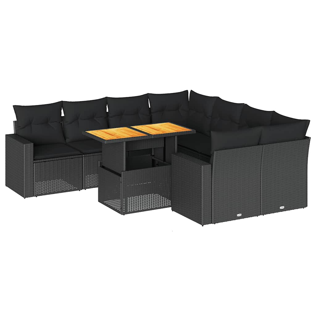 vidaXL Set Divani da Giardino 9 pz con Cuscini Nero in Polyrattan