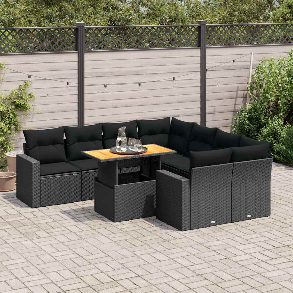 vidaXL Set Divani da Giardino 9 pz con Cuscini Nero in Polyrattan