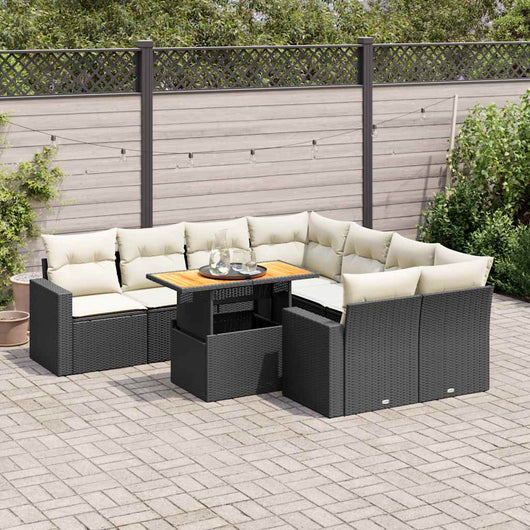 vidaXL Set Divani da Giardino 9 pz con Cuscini Nero in Polyrattan