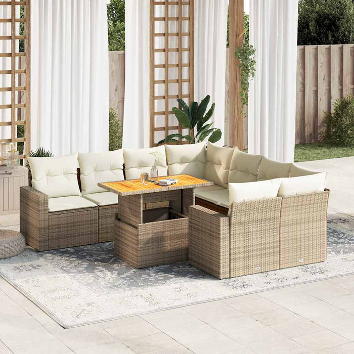 Set Divano da Giardino 9 pz con Cuscini Beige in Polyrattan