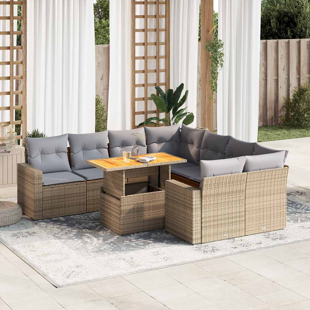 vidaXL Set Divano da Giardino 9 pz con Cuscini Beige in Polyrattan