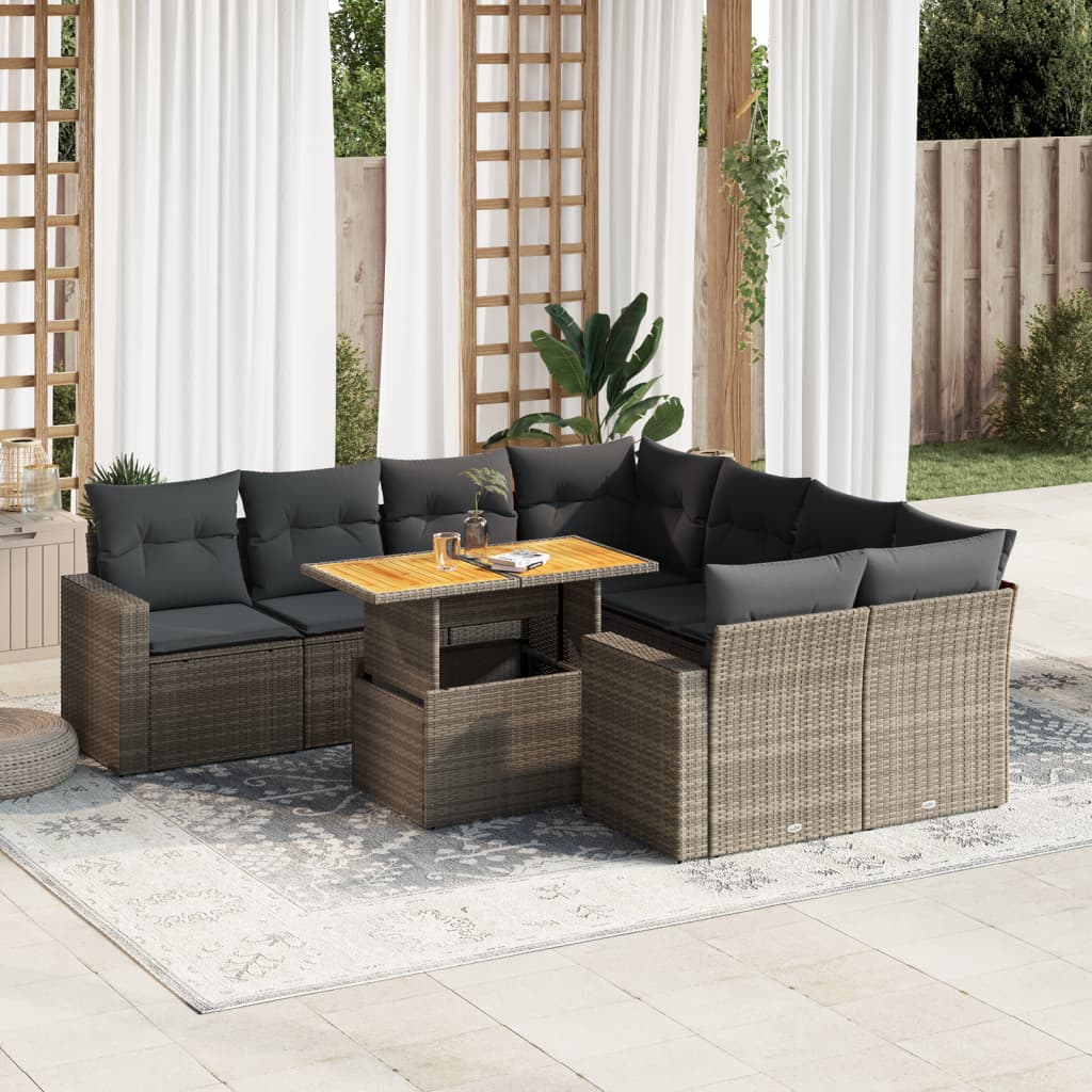vidaXL Set Divano da Giardino 9 pz con Cuscini Grigio in Polyrattan
