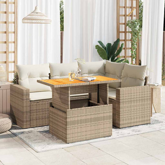 Set Divano da Giardino 5 pz con Cuscini Beige in Polyrattan