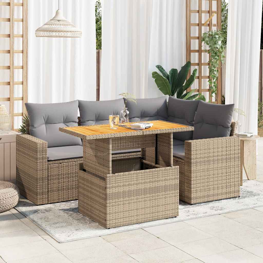 vidaXL Set Divano da Giardino 5 pz con Cuscini Beige in Polyrattan