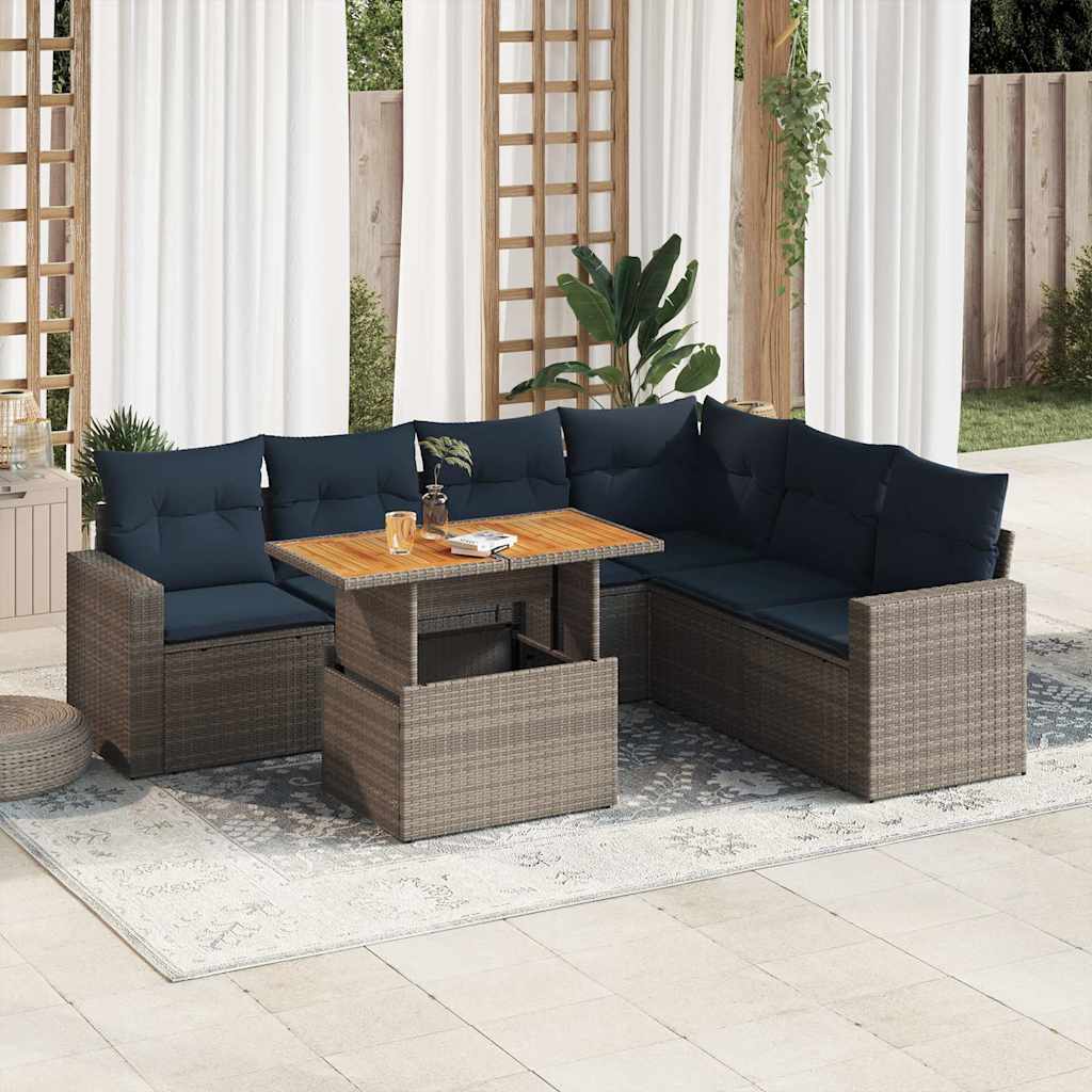 Set Divani da Giardino 7 pz con Cuscini Grigio in Polyrattan