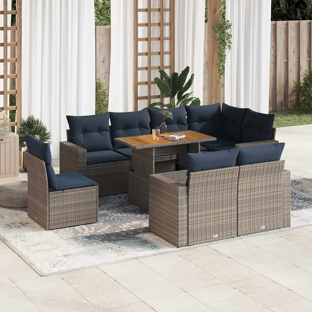 vidaXL Set Divano da Giardino 9 pz con Cuscini Grigio in Polyrattan