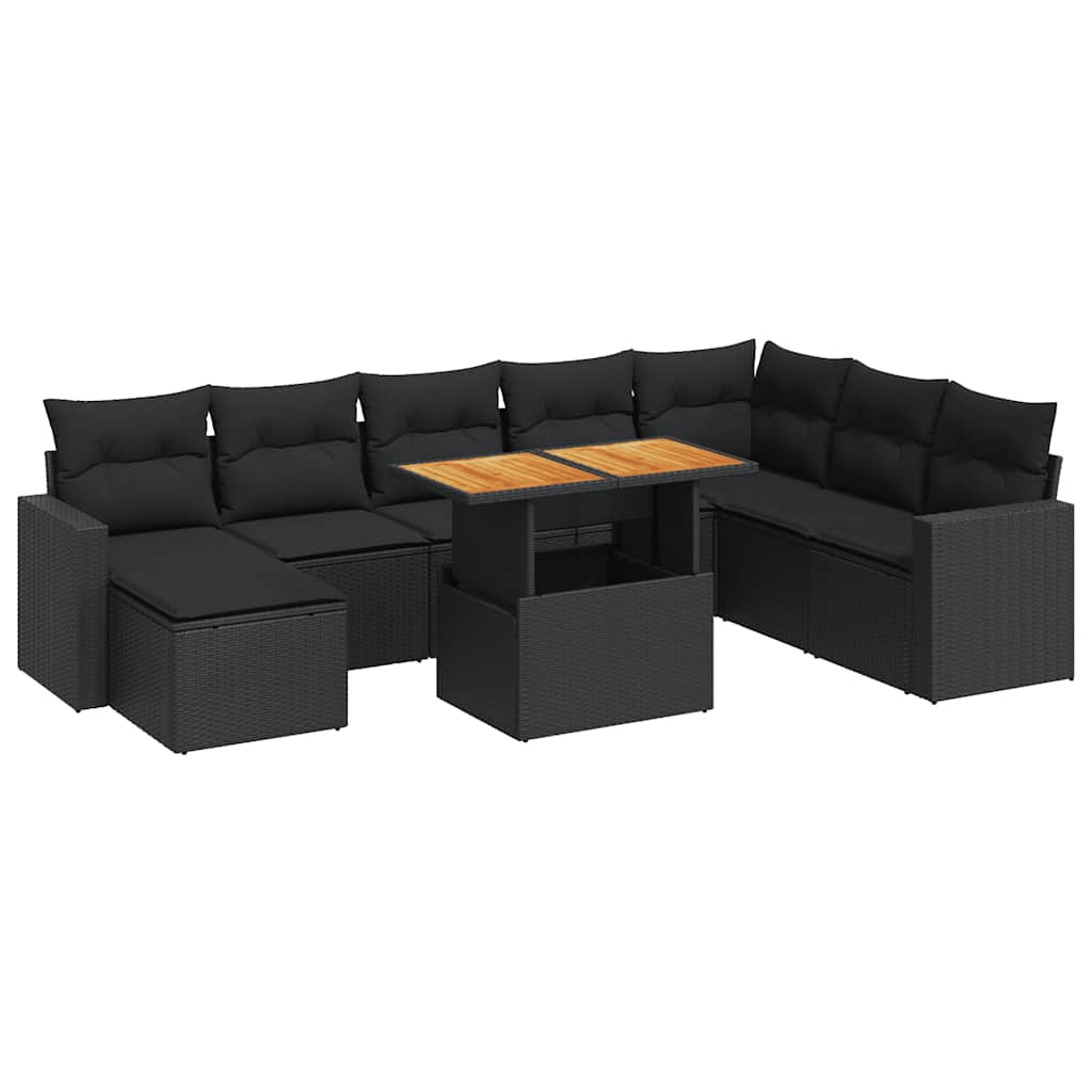 Set Divani da Giardino 9 pz con Cuscini Nero in Polyrattan 3327072