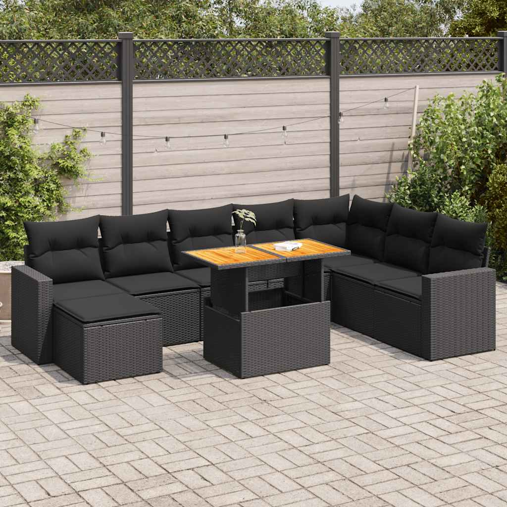 Set Divani da Giardino 9 pz con Cuscini Nero in Polyrattan 3327072