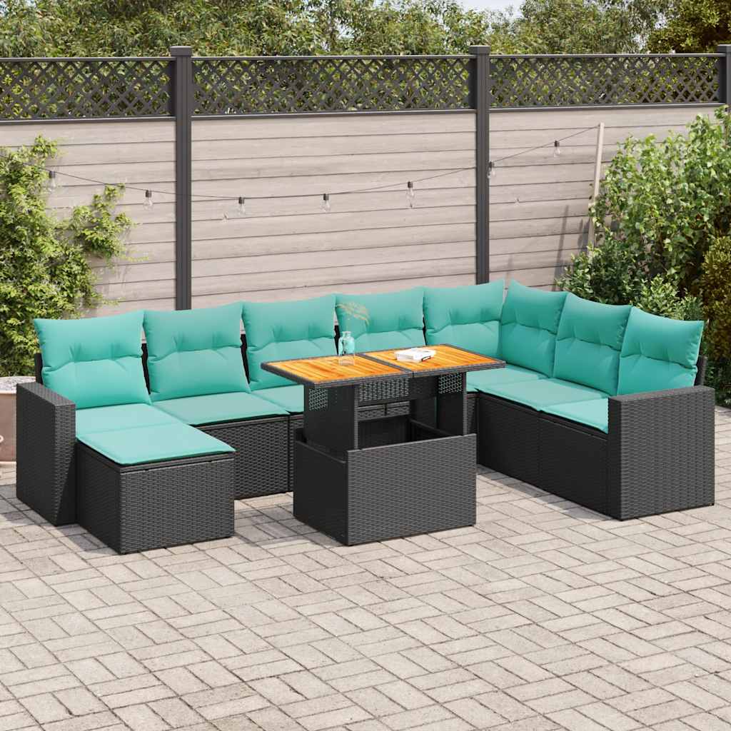 Set Divani da Giardino 9 pz con Cuscini Nero in Polyrattan 3327074