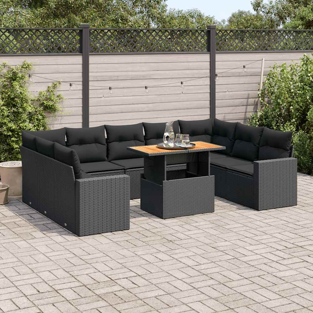 Set Divani da Giardino 10pz con Cuscini in Polyrattan Nero