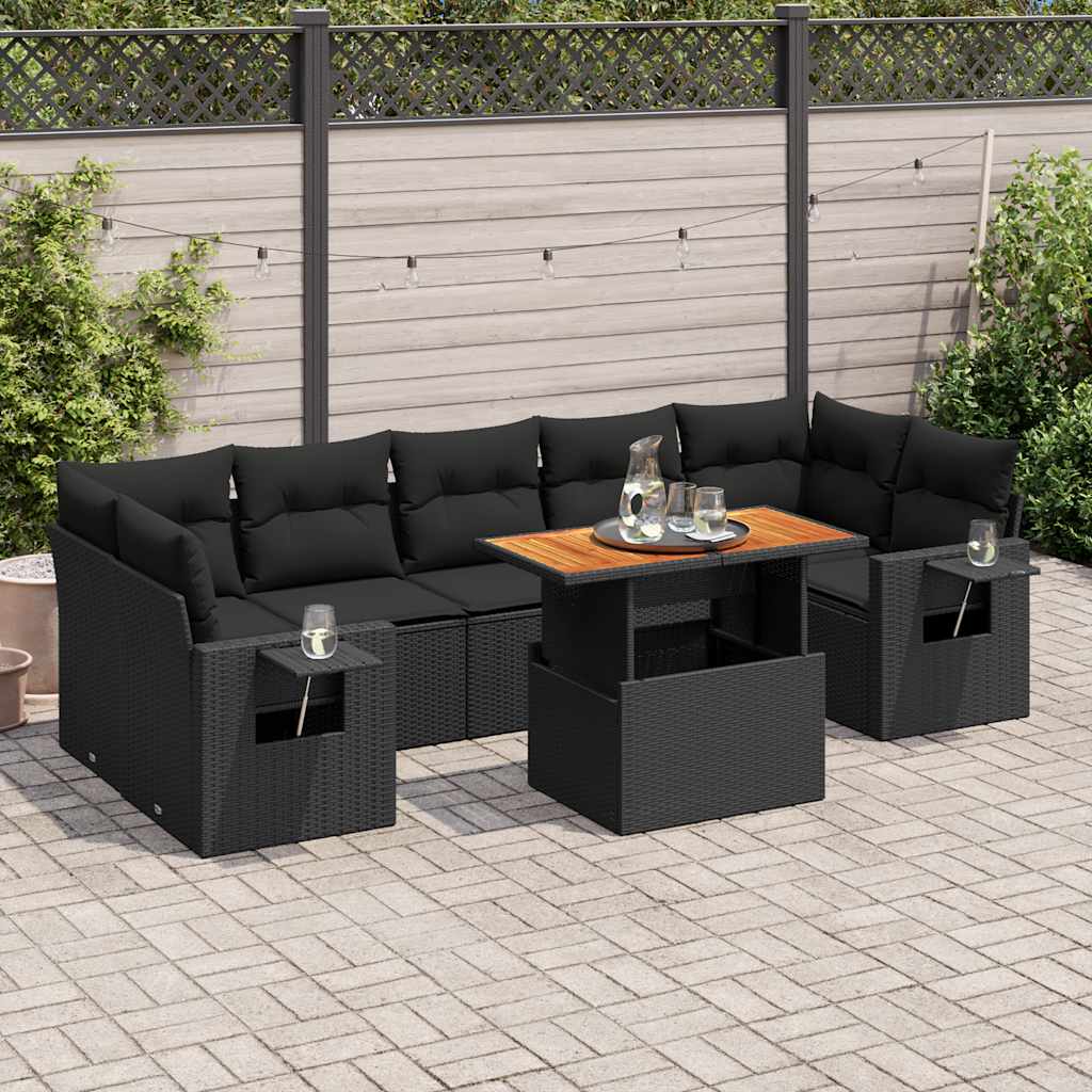 Set Divani da Giardino con Cuscini 8 pz Nero in Polyrattan