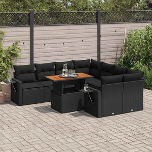 Set Divani da Giardino 9 pz con Cuscini Nero in Polyrattan
