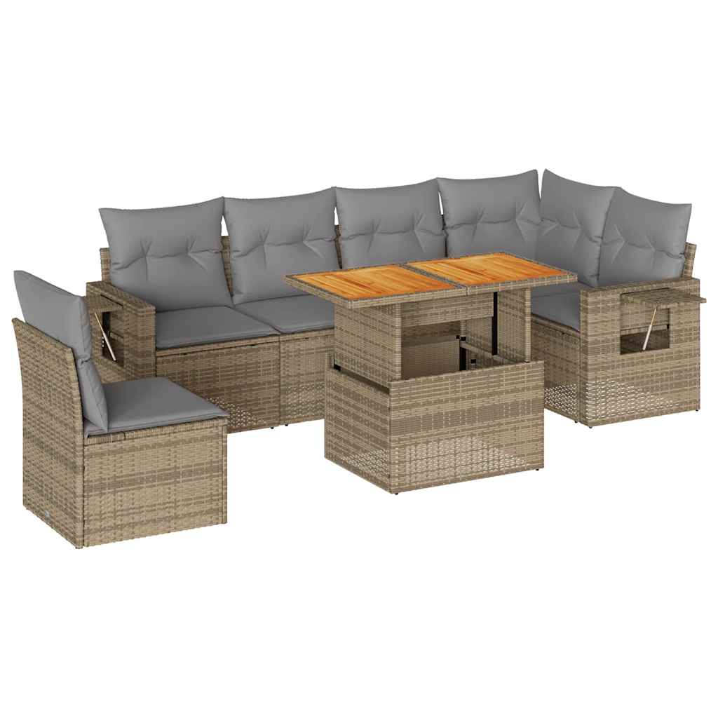 Set Divani da Giardino 7 pz con Cuscini Beige in Polyrattan