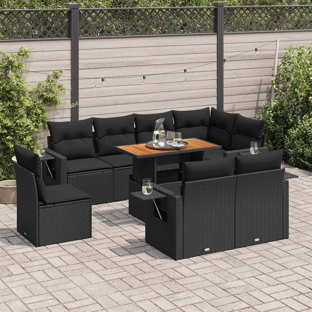 Set Divani da Giardino 9 pz con Cuscini Nero in Polyrattan