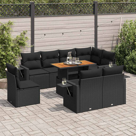 Set Divani da Giardino 9 pz con Cuscini Nero in Polyrattan
