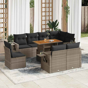Set Divano da Giardino 9 pz con Cuscini Grigio in Polyrattan