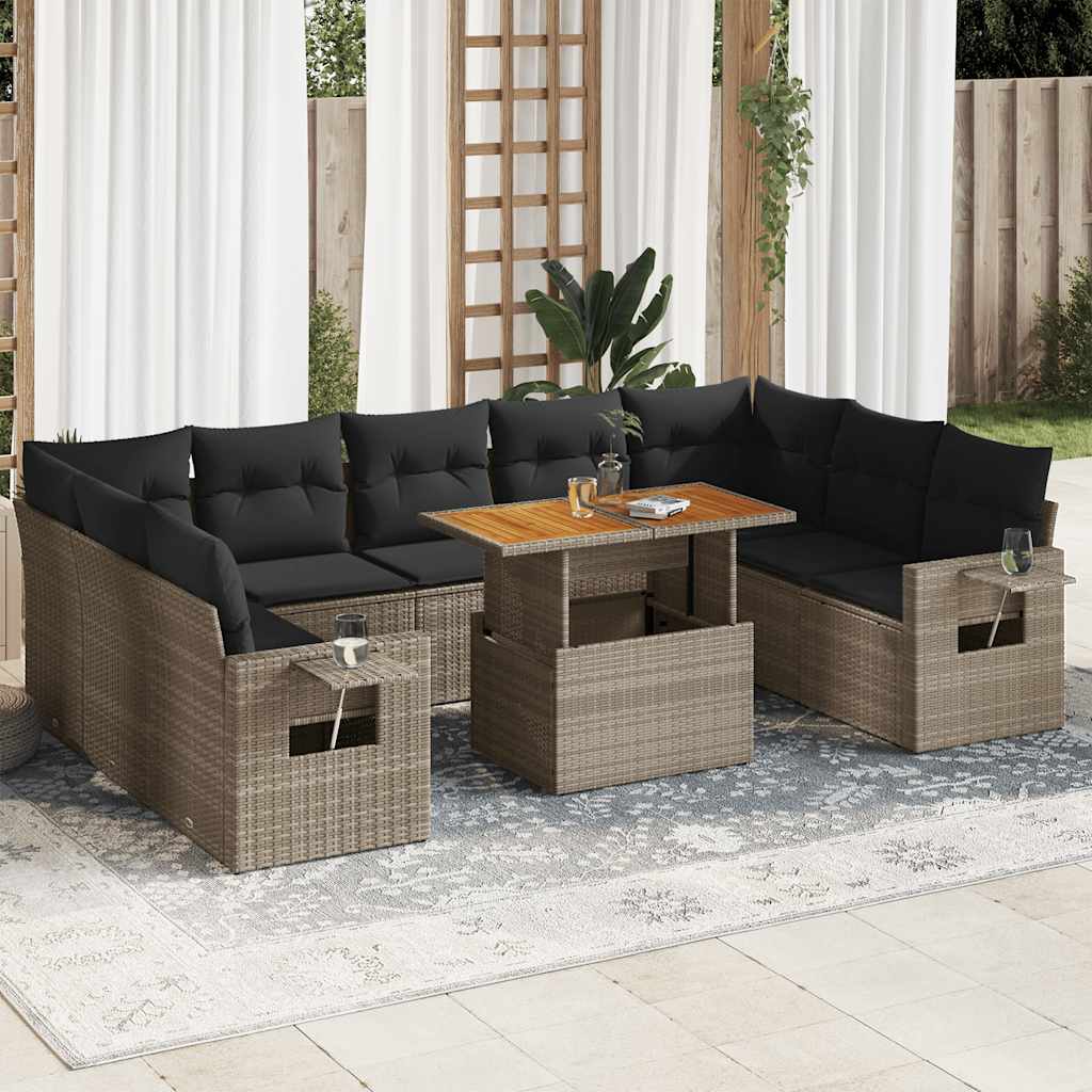 Set Divano da Giardino 10 pz con Cuscini Grigio in Polyrattan