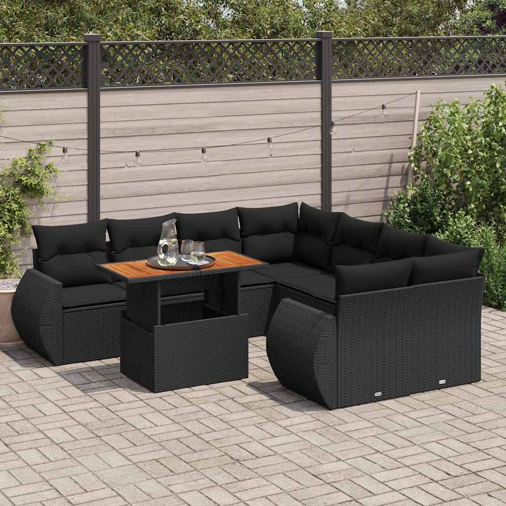 vidaXL Set Divani da Giardino 9 pz con Cuscini Nero in Polyrattan