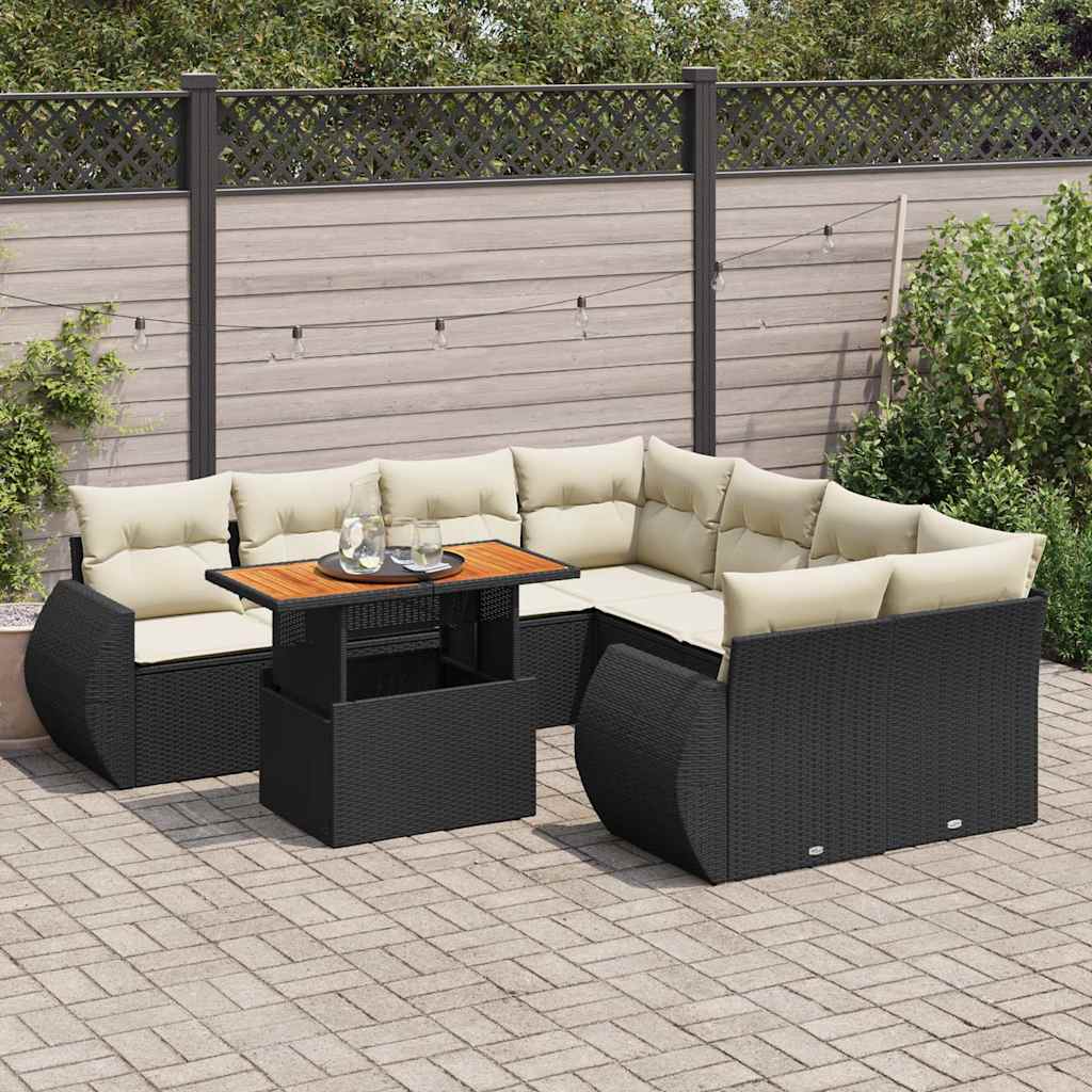 vidaXL Set Divani da Giardino 9 pz con Cuscini Nero in Polyrattan