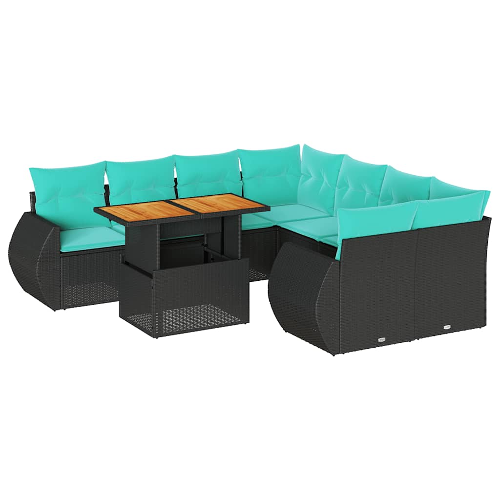 Set Divani da Giardino 9 pz con Cuscini Nero in Polyrattan 3327242