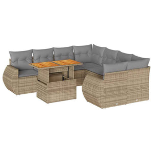 Set Divano da Giardino 9 pz con Cuscini Beige in Polyrattan