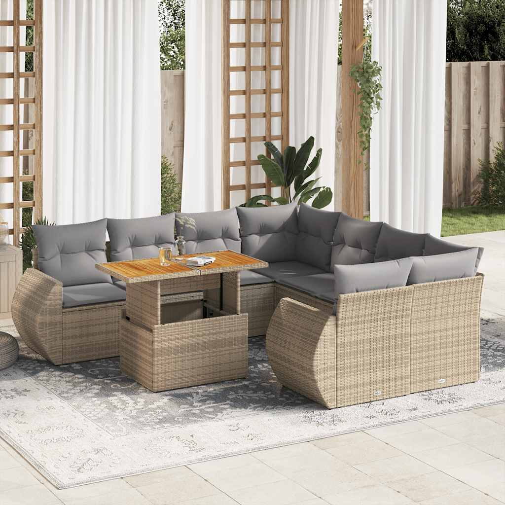 Set Divano da Giardino 9 pz con Cuscini Beige in Polyrattan