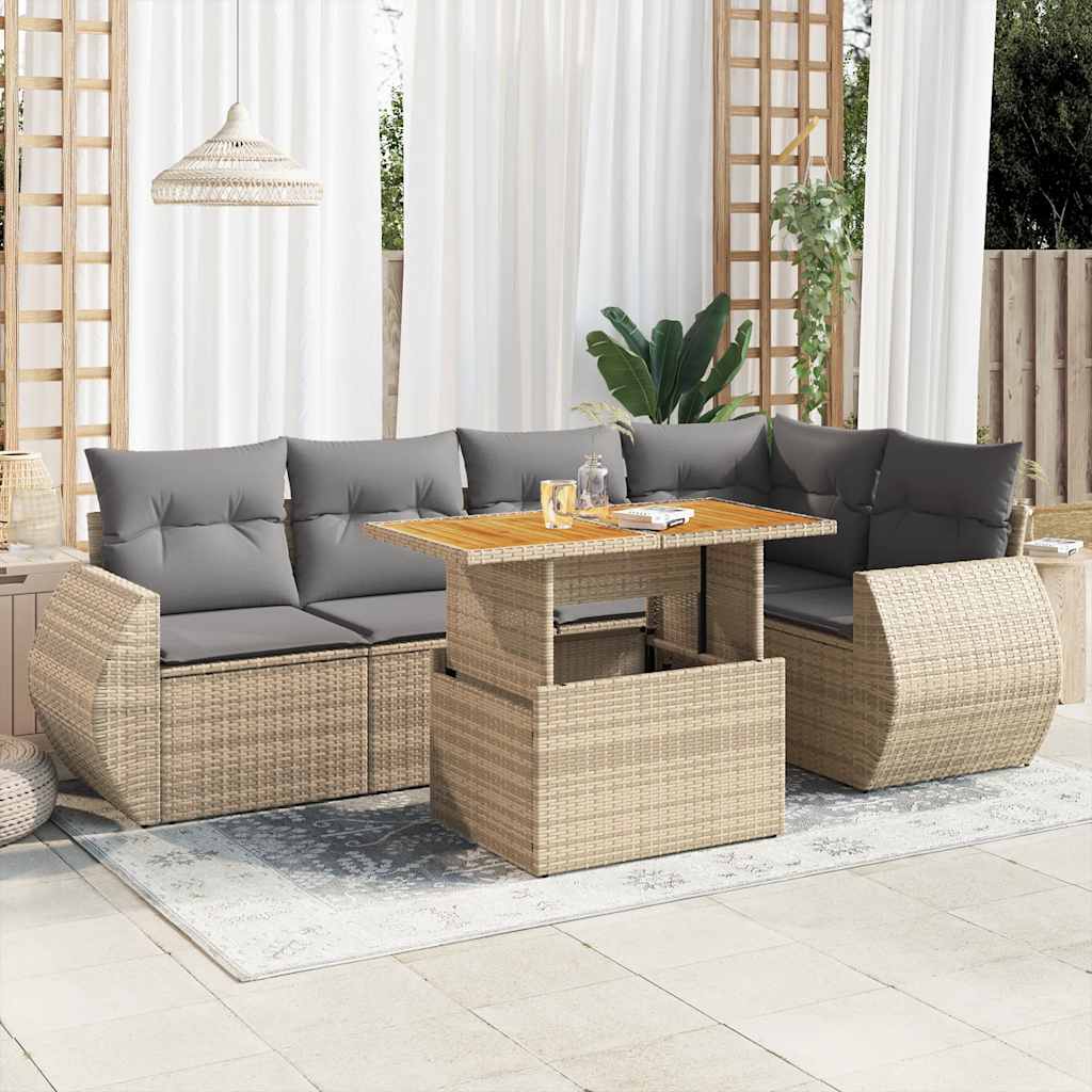 Set Divano da Giardino 6 pz con Cuscini Beige in Polyrattan