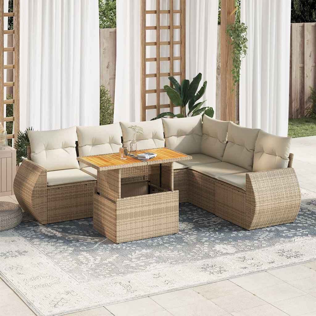 Set Divani da Giardino 7 pz con Cuscini Beige in Polyrattan