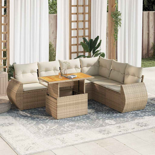 Set Divani da Giardino 7 pz con Cuscini Beige in Polyrattan