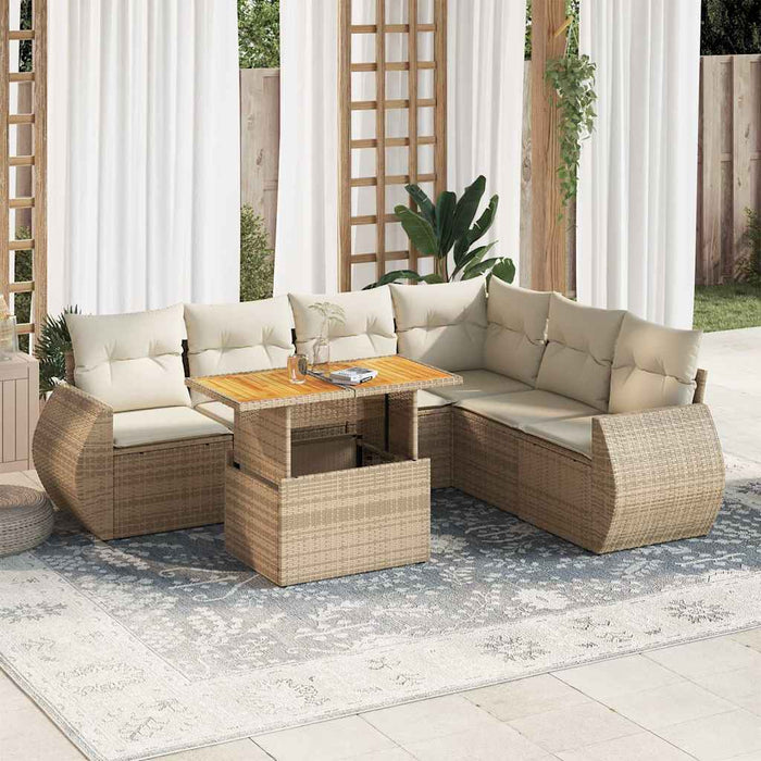 Set Divani da Giardino 7 pz con Cuscini Beige in Polyrattan