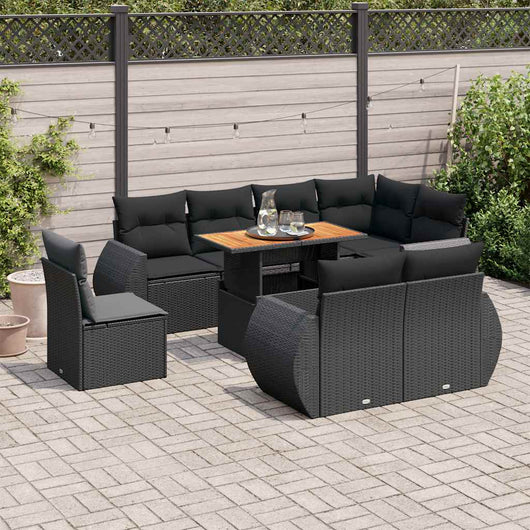 vidaXL Set Divani da Giardino 9 pz con Cuscini Nero in Polyrattan